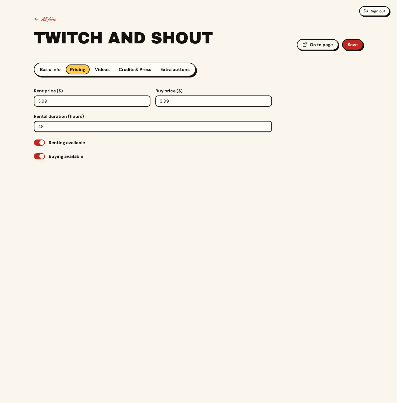 The admin pricing screen where a filmmaker sets rental and purchase prices for their film