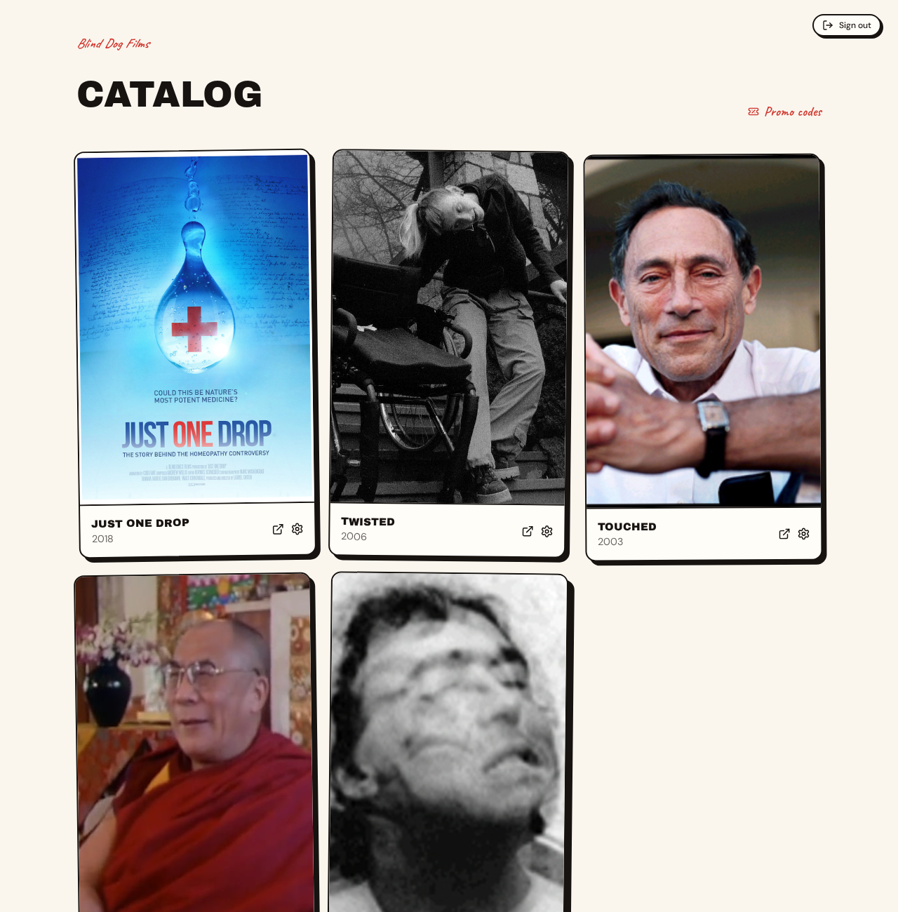 The working filmmaker dashboard showing a catalog of real films
