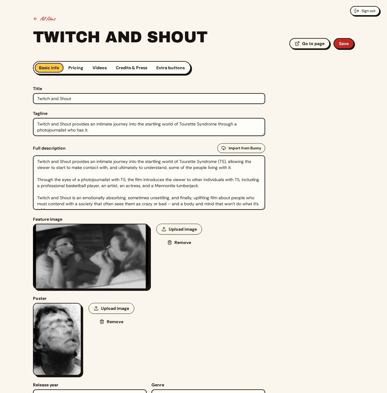 The working backend film editor with page, pricing, video, and credits controls