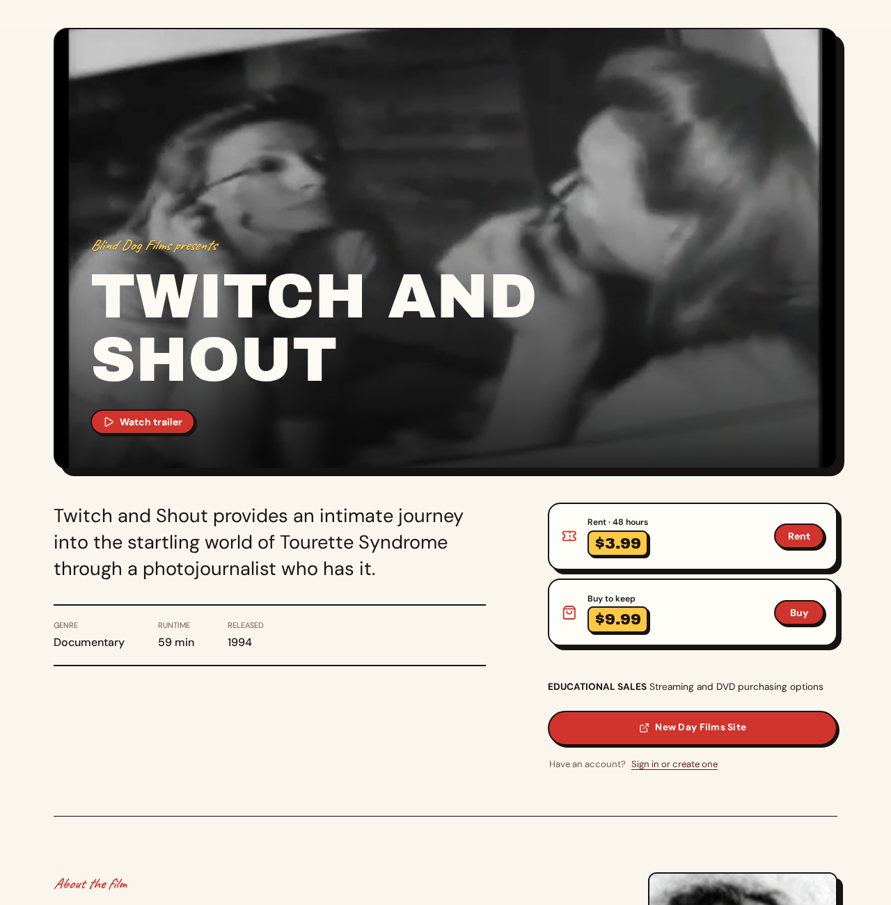 A live filmmaker film page with trailer, rental, purchase, and educational sales options